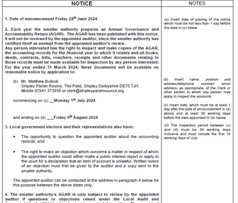 Public Rights of Notice of Inspection AGAR 2023-24